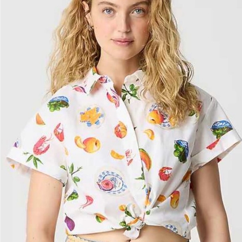 J. Crew Factory White Blouse with Colorful Fruit Print